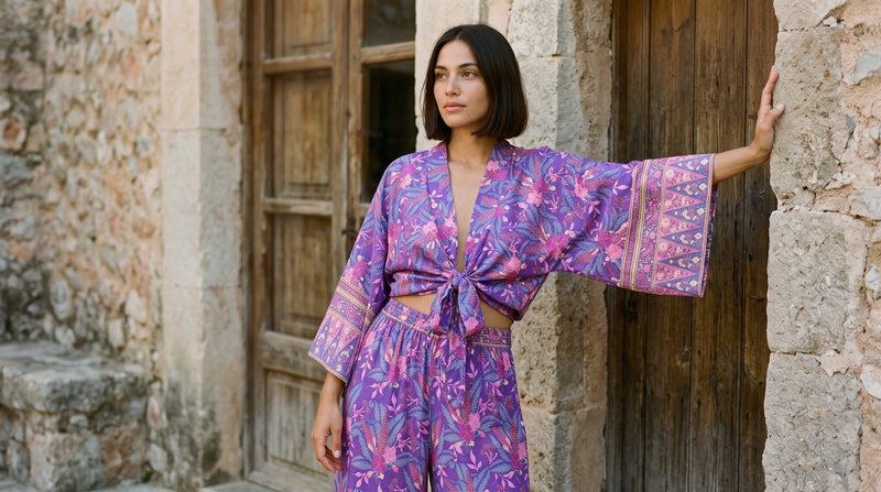 Conjunto kimono morado de flores, kimono corto y pantalón, en una finca de Mallorca