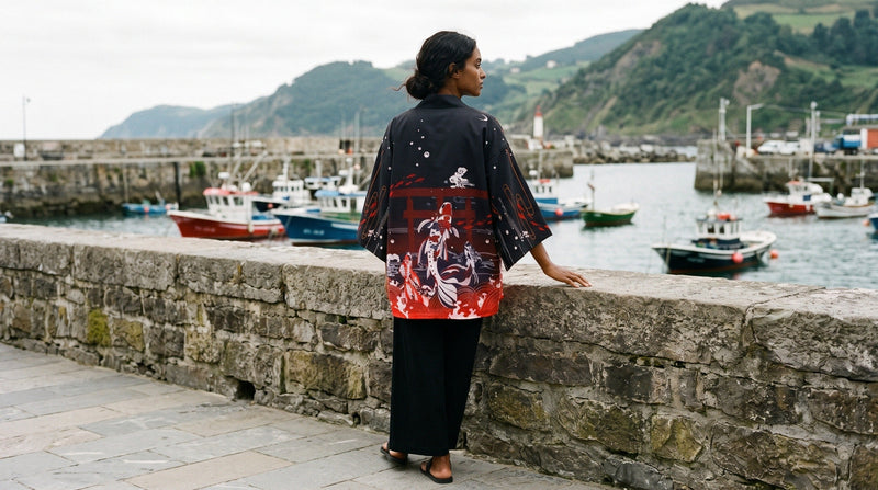 Haori negro estampado con carpas koi, de espaldas en el puerto de Getaria