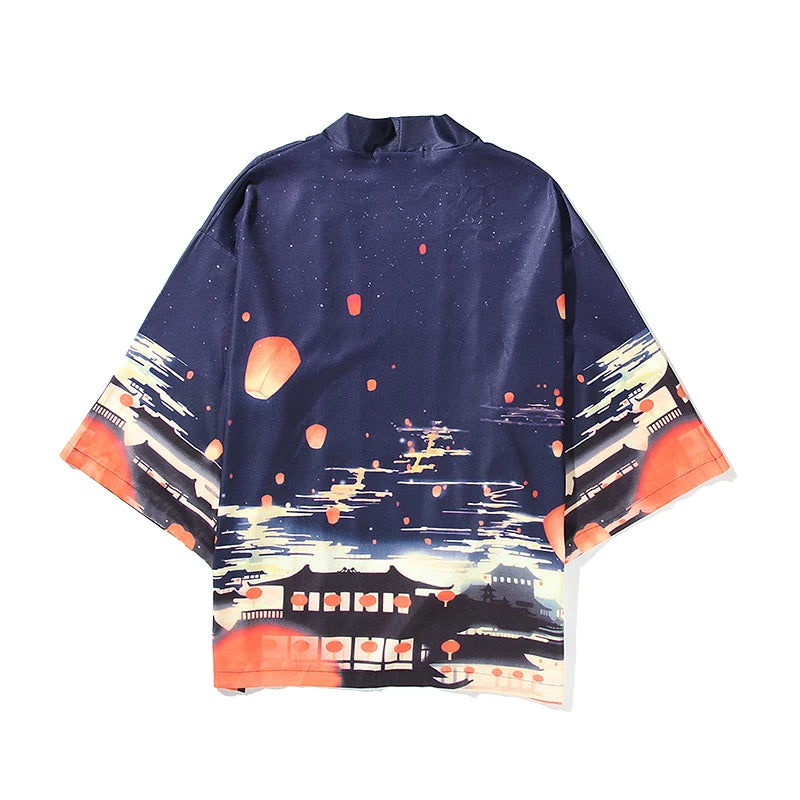Kimono japonés Chōchin – linternas y ciudad, azul noche