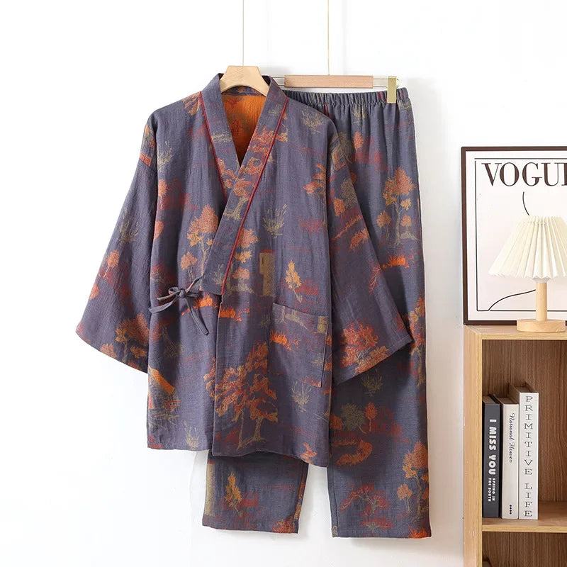 Pijama kimono Momiji – bata y pantalón, azul marino
