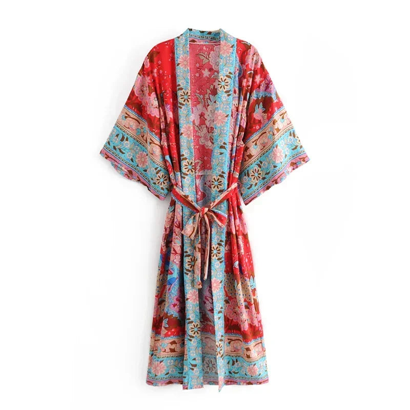 Kimono largo Hane – pavo real multicolor, mujer