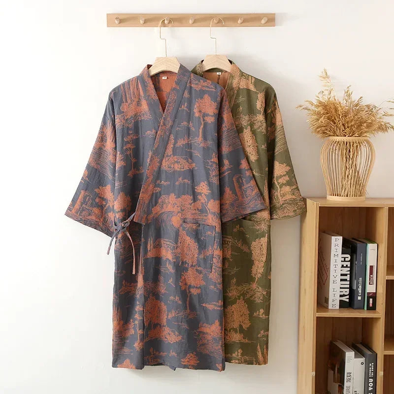 Bata kimono Ukiyo – algodón estampado, azul – vista 2