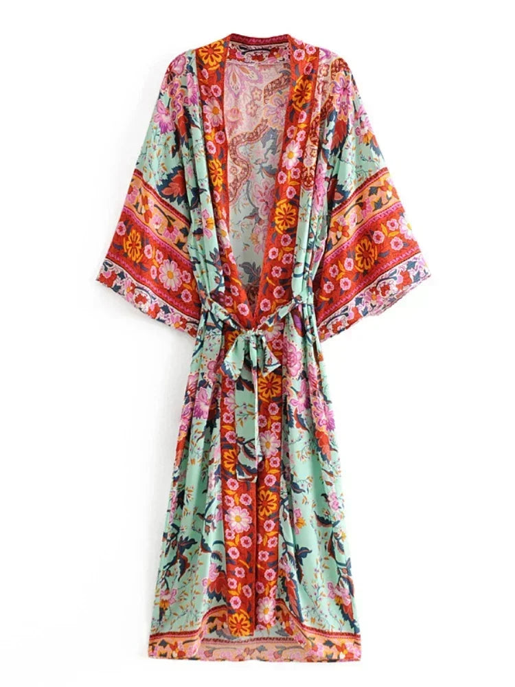 Kimono largo Hane – pavo real verde y rojo, mujer