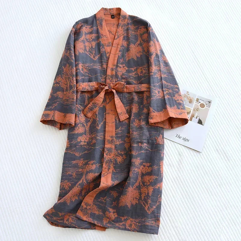 Bata kimono Ukiyo – algodón estampado, azul, mujer