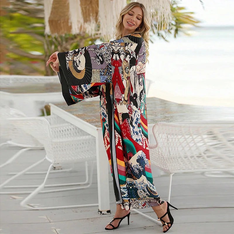 Kimono largo Iro – estampado retro, negro – vista 4