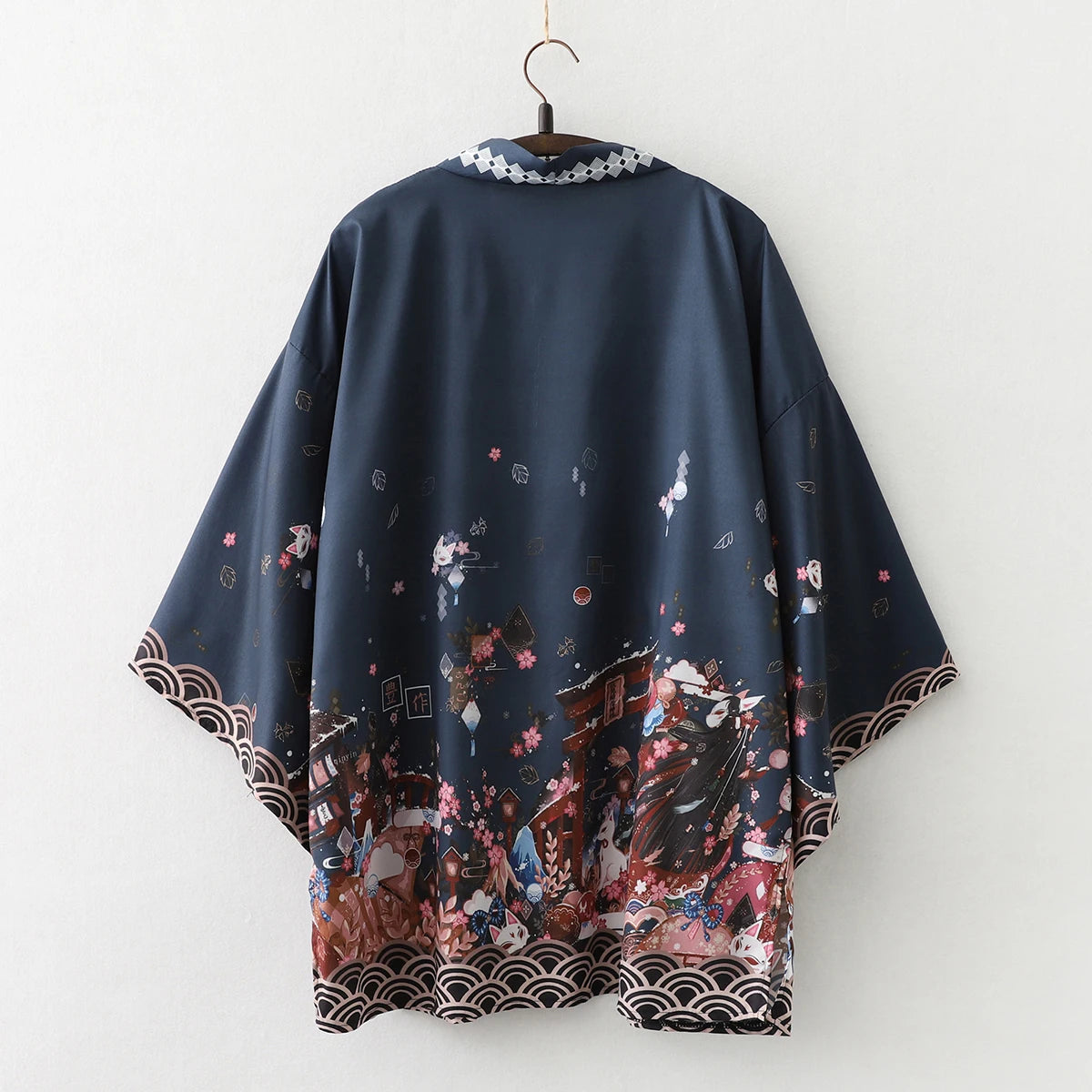 Kimono japonés Midori – grullas y flores, verde petróleo