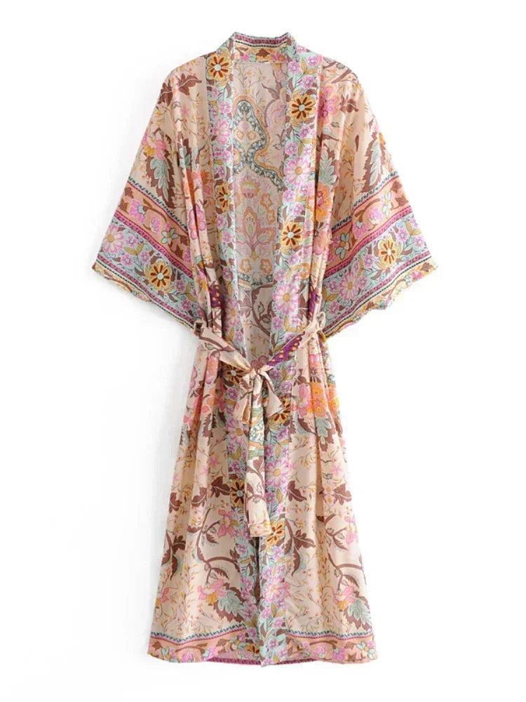 Kimono largo Hane – pavo real rosa empolvado, mujer – vista 2