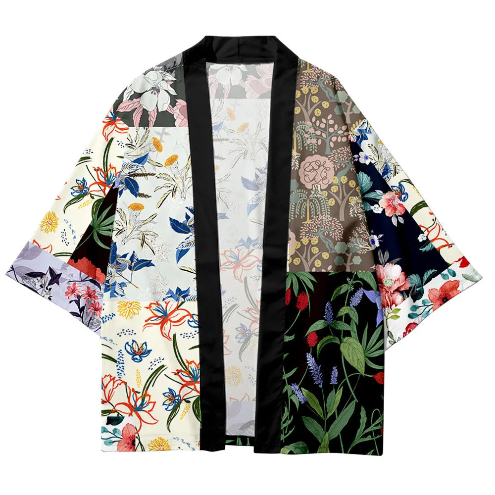 Kimono japonés Hanabi – patchwork floral, blanco – vista 3