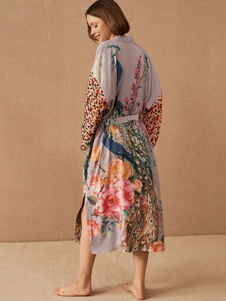 Kimono largo Kujaku – pavo real, rosa – vista 4