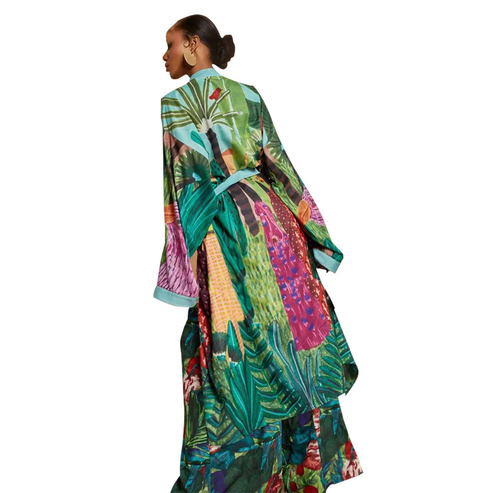 Kimono largo Mori – estampado tropical, verde