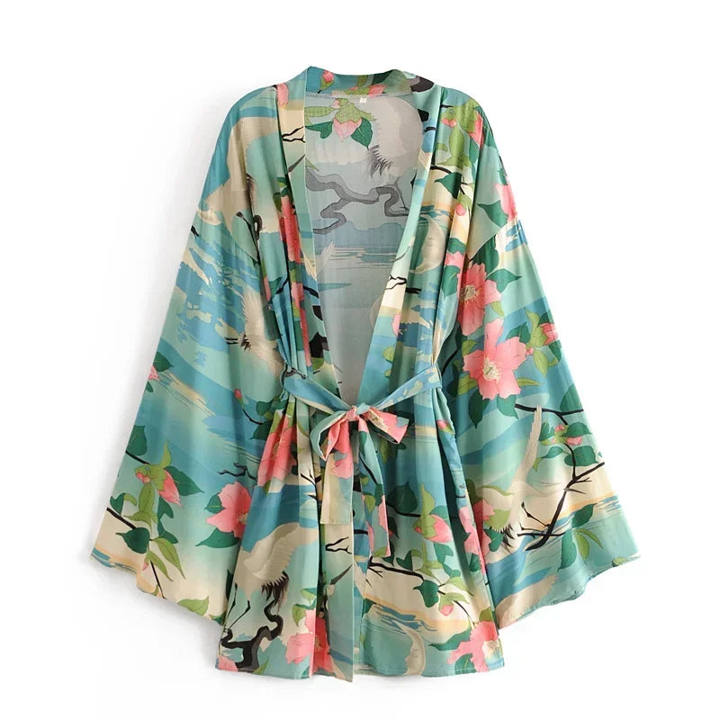 Kimono corto Natsu – grullas y flores, verde agua – vista 2