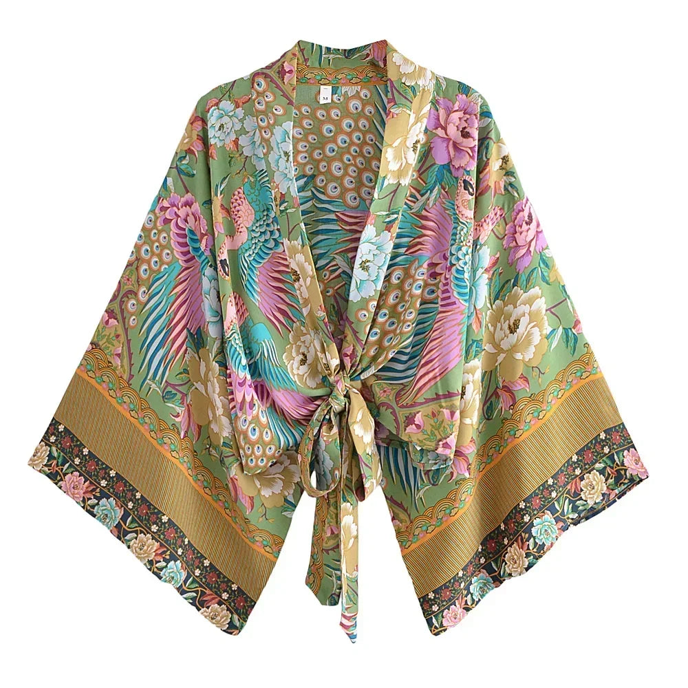 Kimono corto Kujaku – pavo real, verde y ocre – vista 2