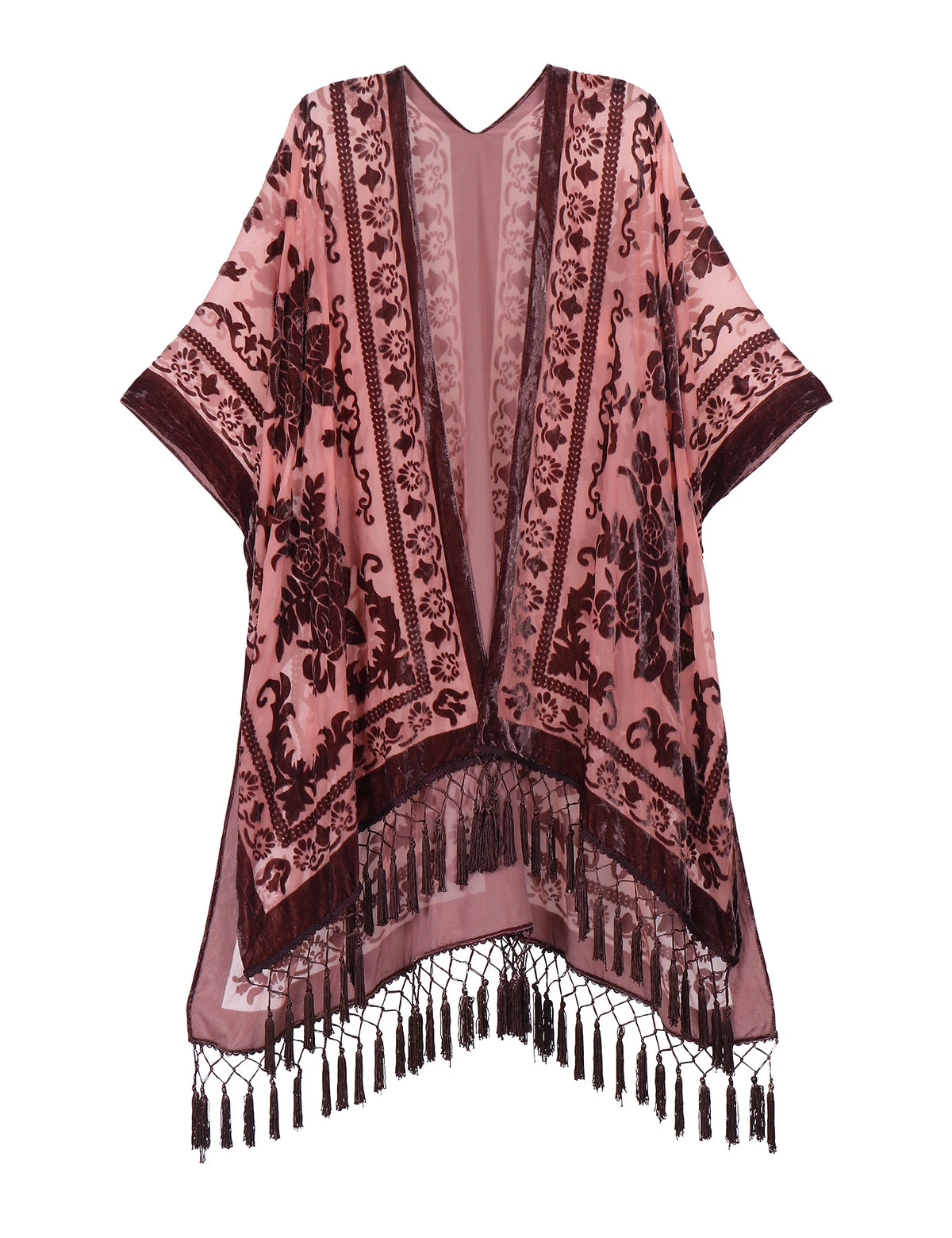 Poncho kimono Kage – terciopelo devoré, rosa antiguo