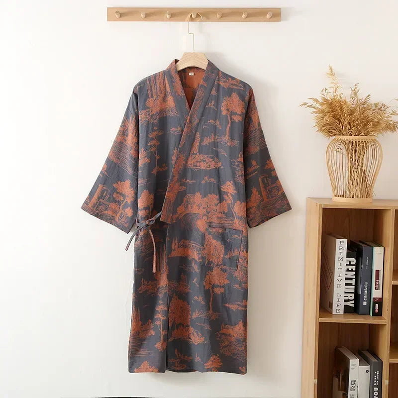 Bata kimono Ukiyo – algodón estampado, azul