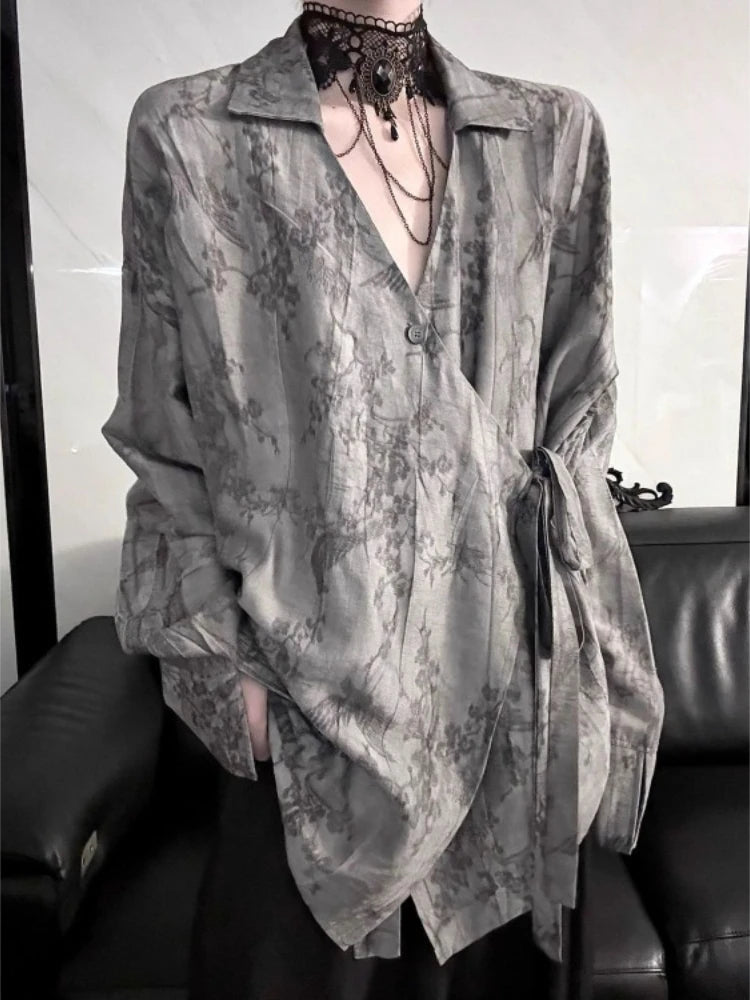 Kimono corto Nezumi – satinado estampado, gris