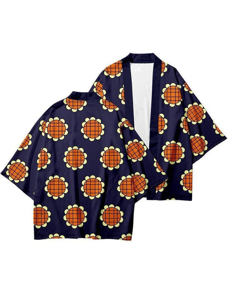 Kimono japonés Himawari – girasoles, azul marino