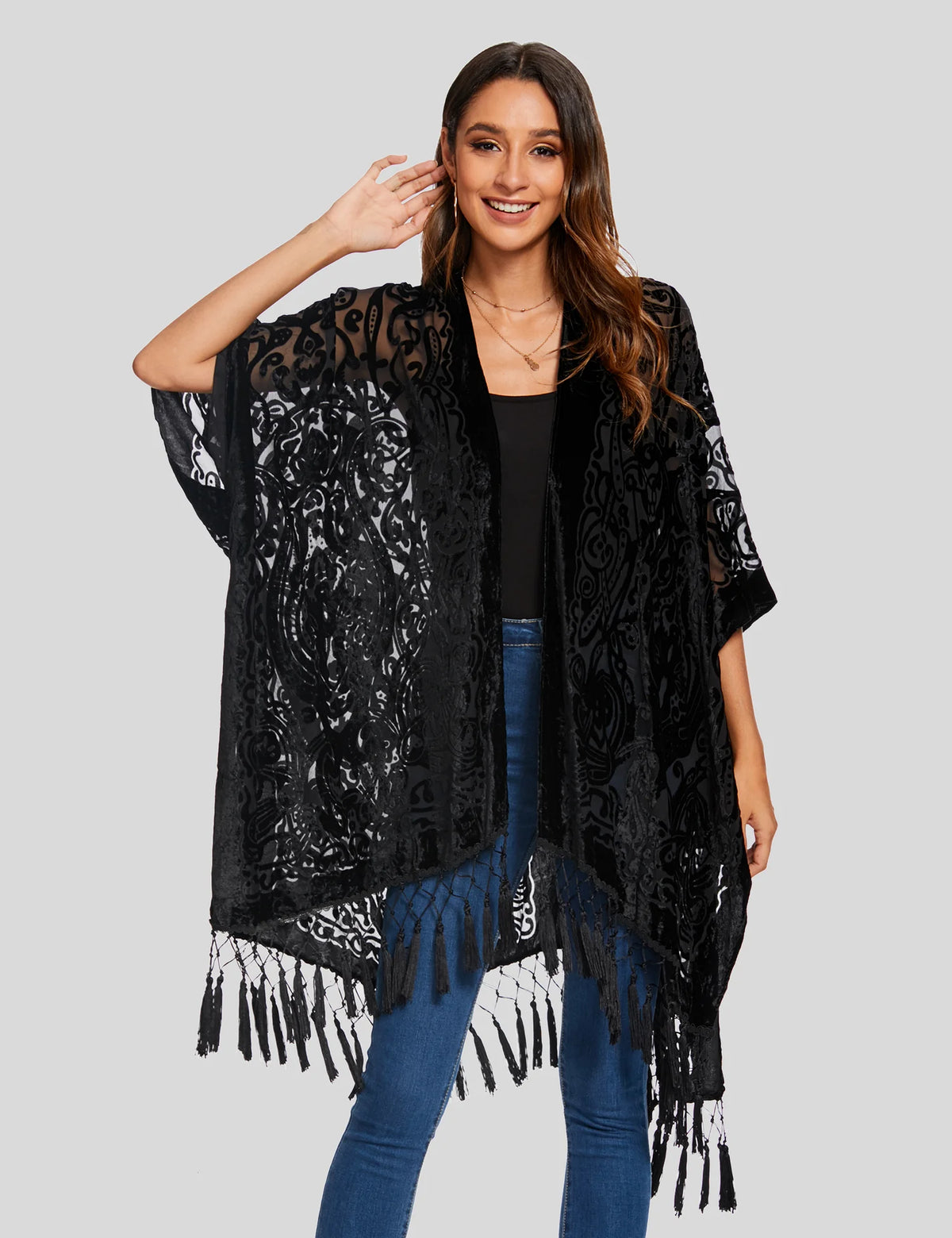 Poncho kimono Kuro – terciopelo devoré, negro