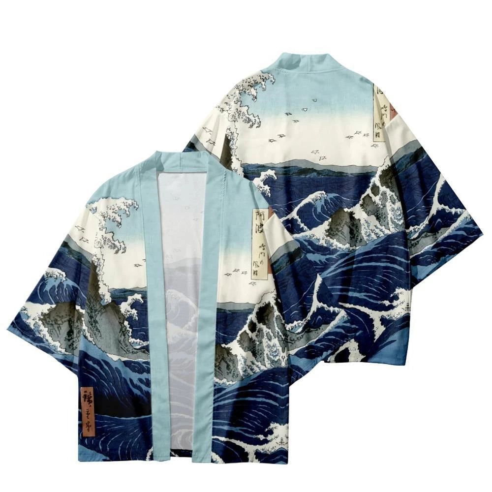 Kimono japonés Kanagawa – gran ola, azul