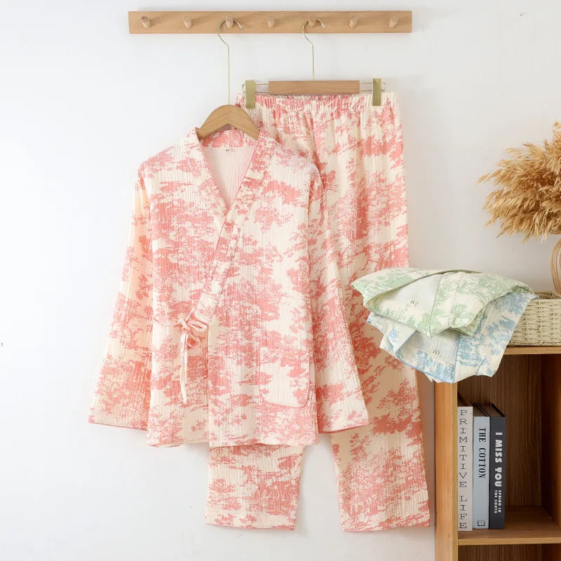 Pijama kimono Yoru – algodón estampado, rosa, mujer – vista 2