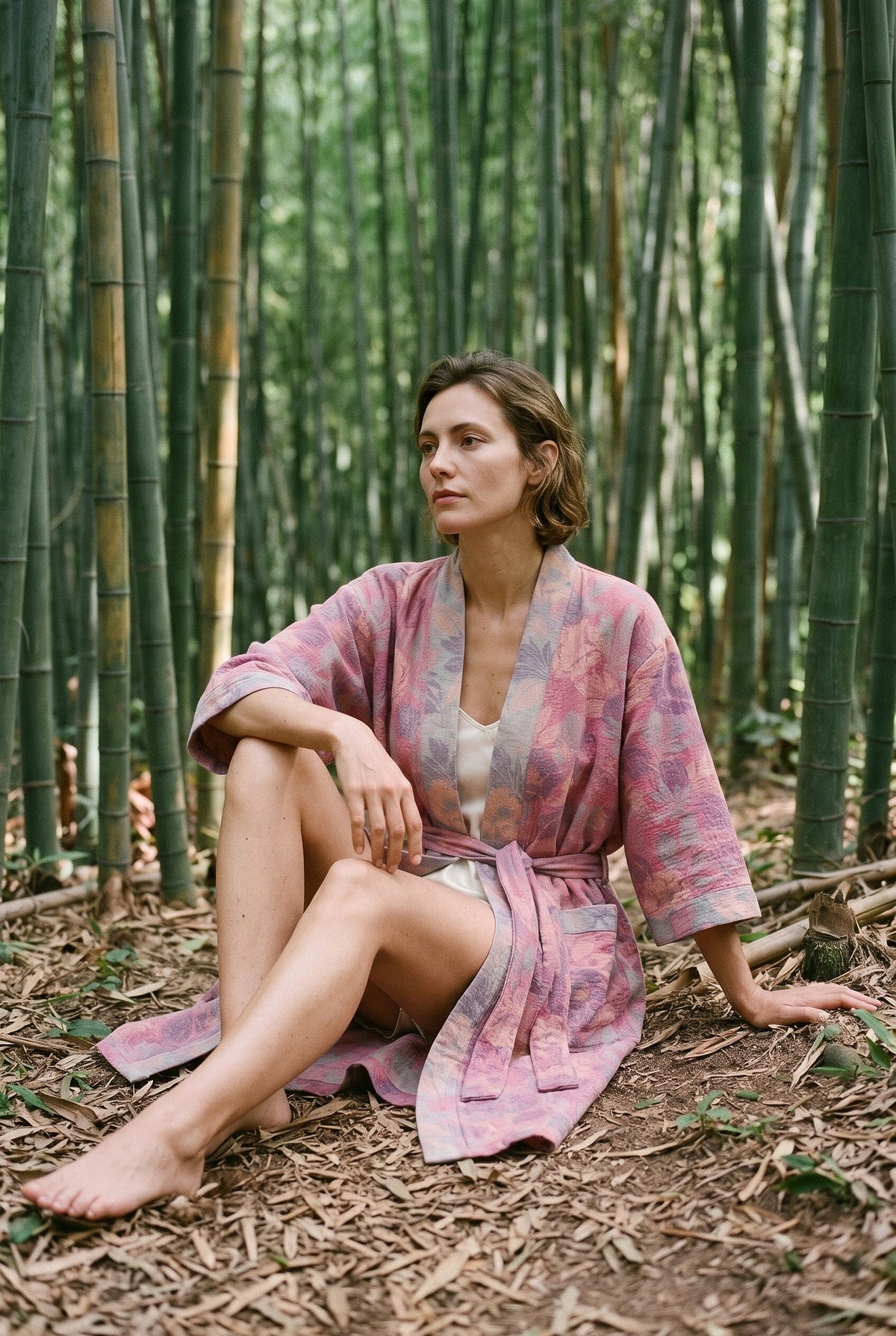 Bata kimono Ikebana, doble gasa de algodón, rosa: modelo sentada en el suelo, en un bosque de bambú