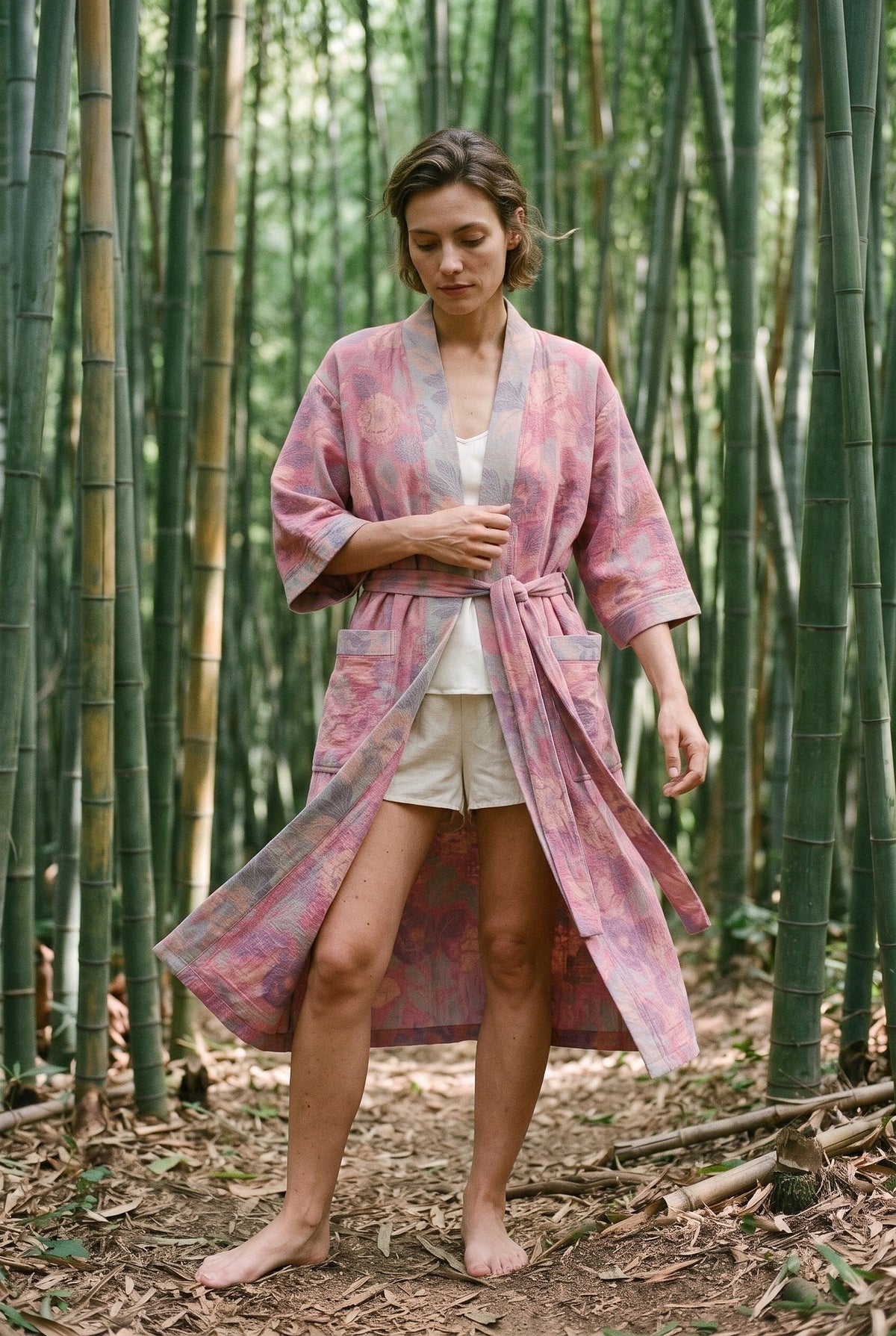 Bata kimono Ikebana, doble gasa de algodón, rosa: modelo con el tejido movido por la brisa, en un bosque de bambú