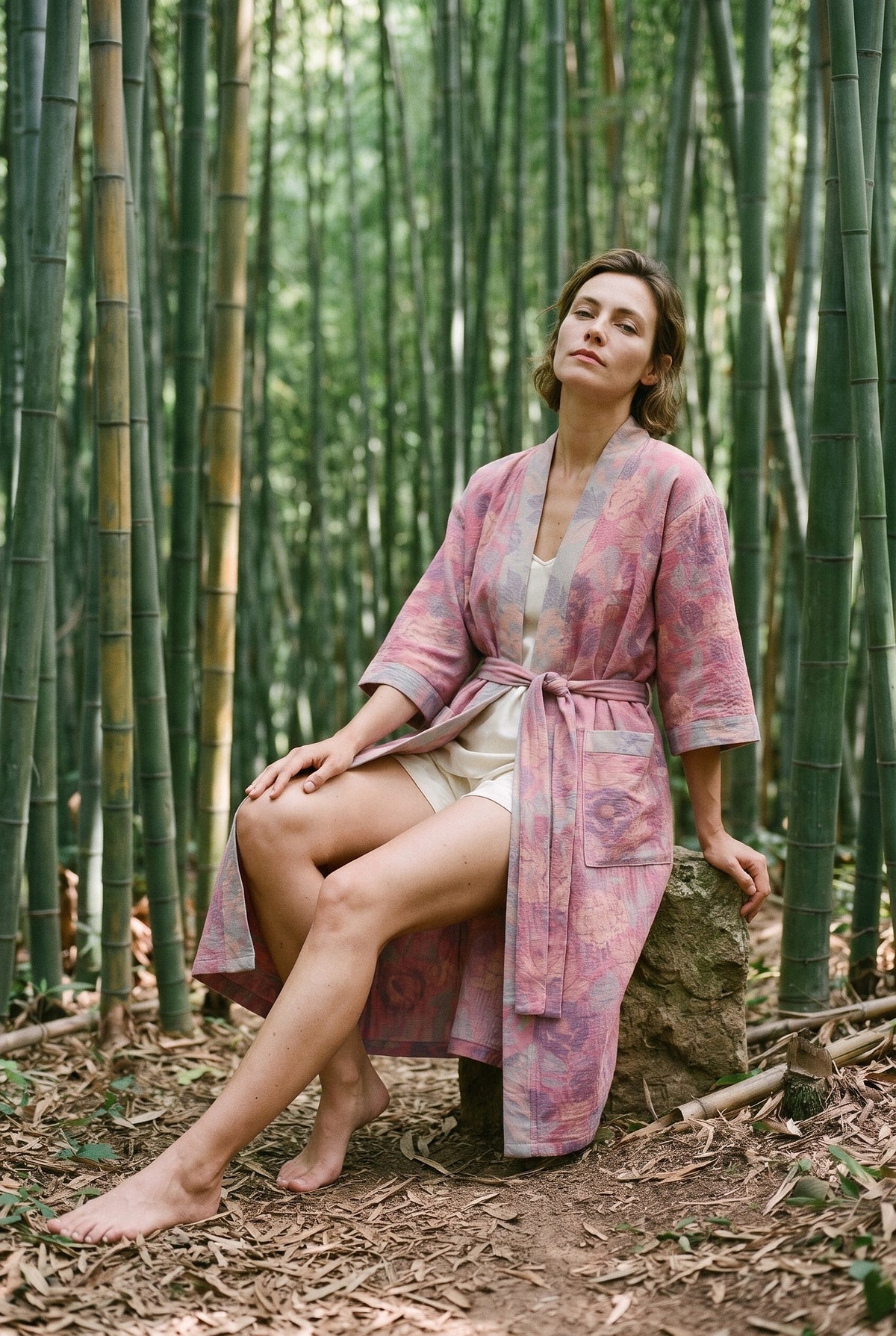 Bata kimono Ikebana, doble gasa de algodón, rosa: modelo sentada con una pierna estirada, en un bosque de bambú