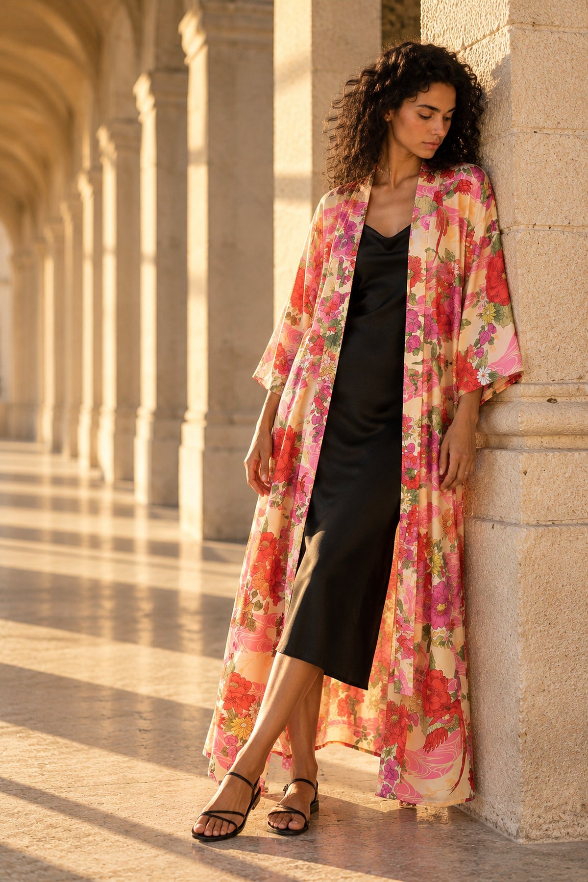 Kimono largo Botan, apoyada en una columna