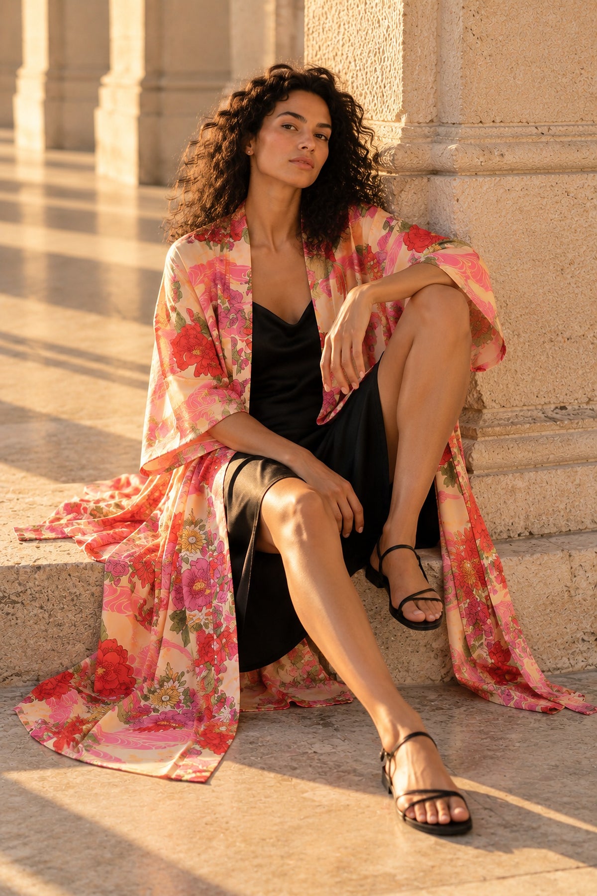 Kimono largo Botan, sentada en la base de una columna