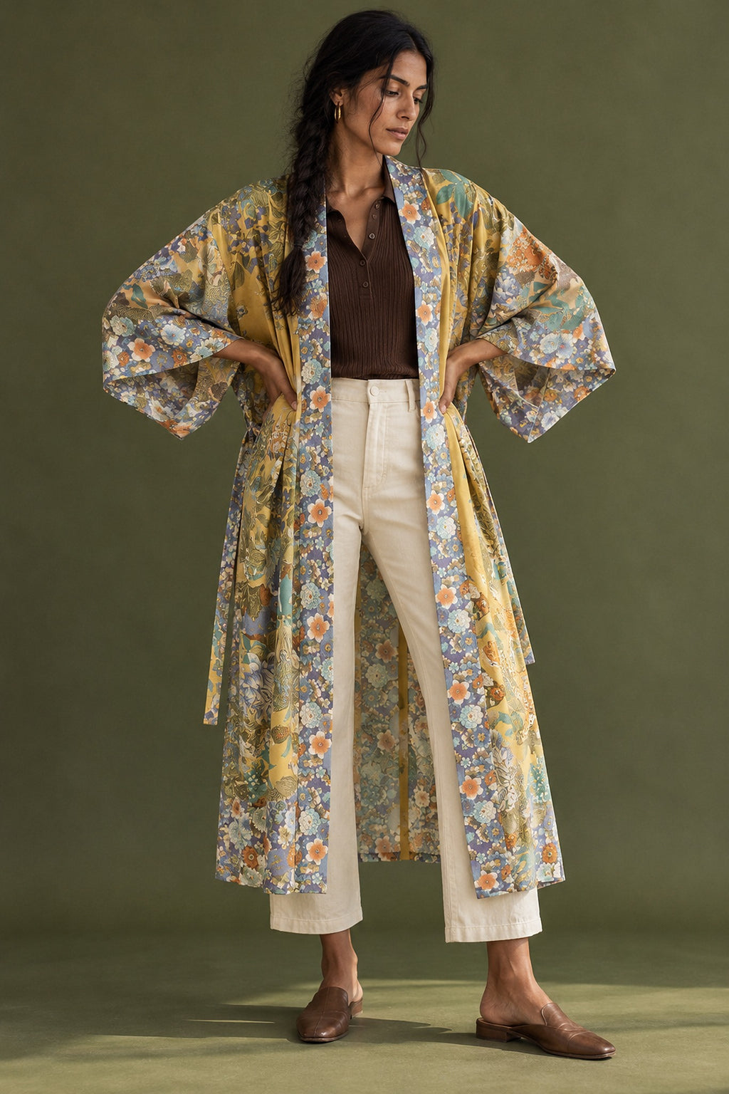 Kimono largo Kiiro de patchwork floral mostaza, salvia y pervinca, abierto sobre polo de punto chocolate y pantalón crudo