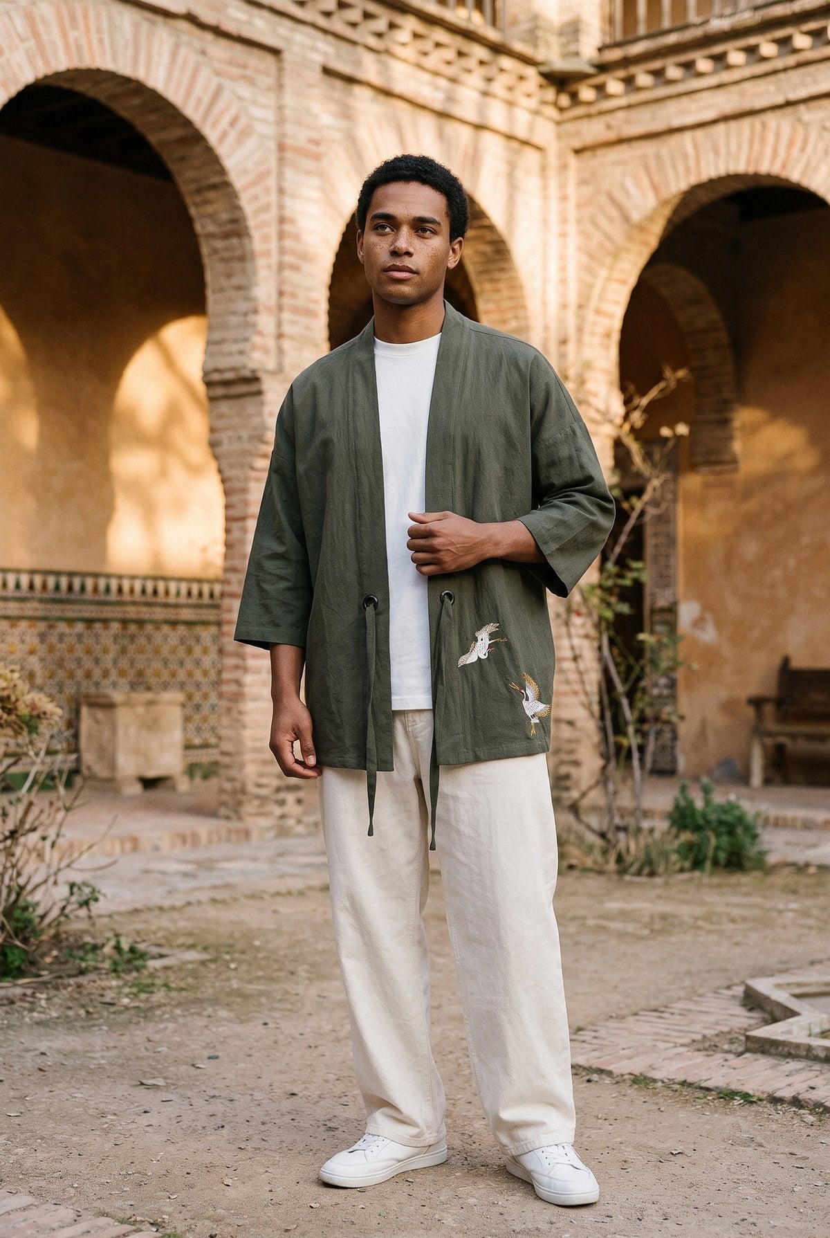 Haori Tsuru, grullas bordadas, verde oliva: vista de frente, en el patio mudéjar de un palacio de Toledo