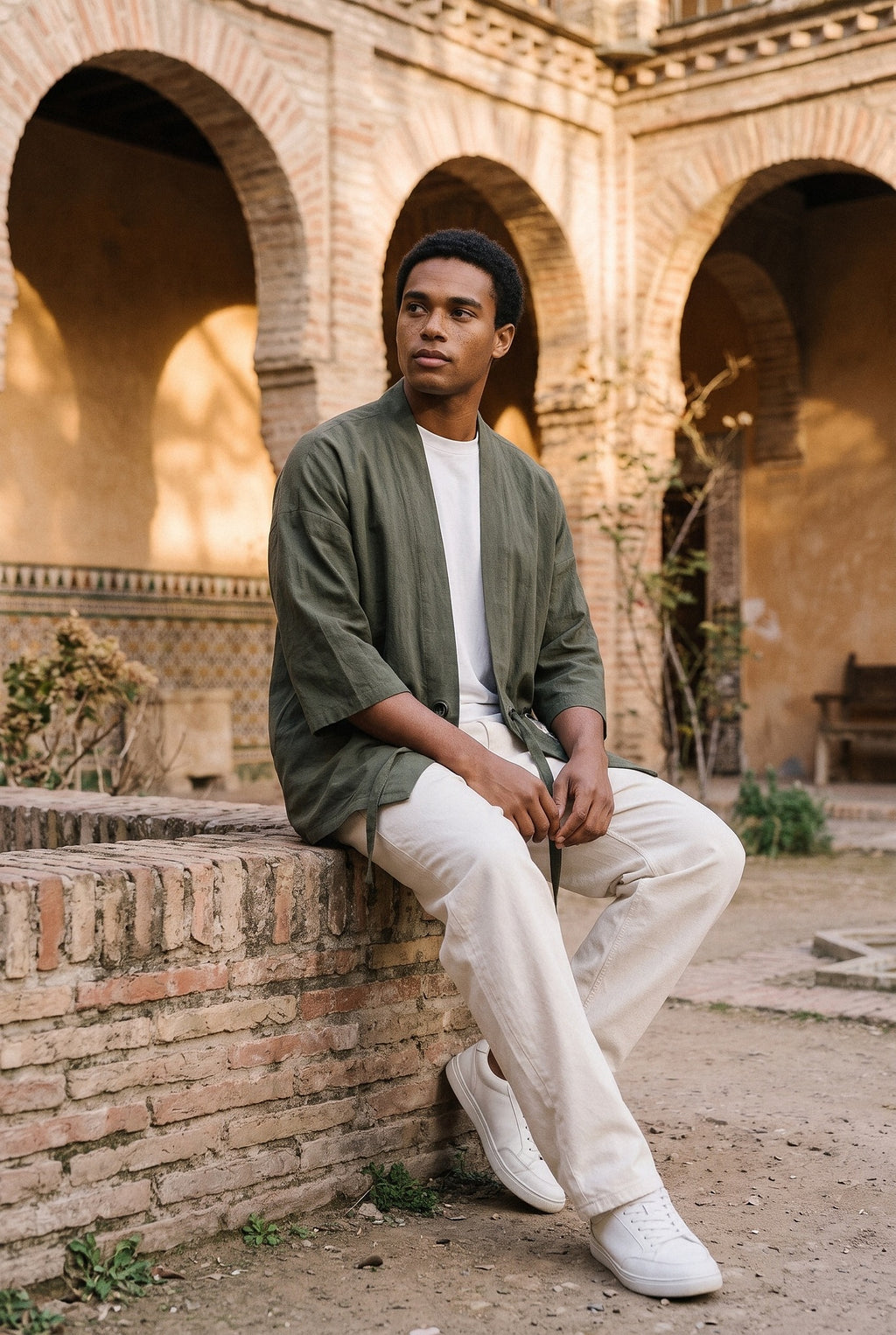 Haori Tsuru, grullas bordadas, verde oliva: modelo sentado de lado con las piernas cruzadas, en el patio mudéjar de un palacio de Toledo