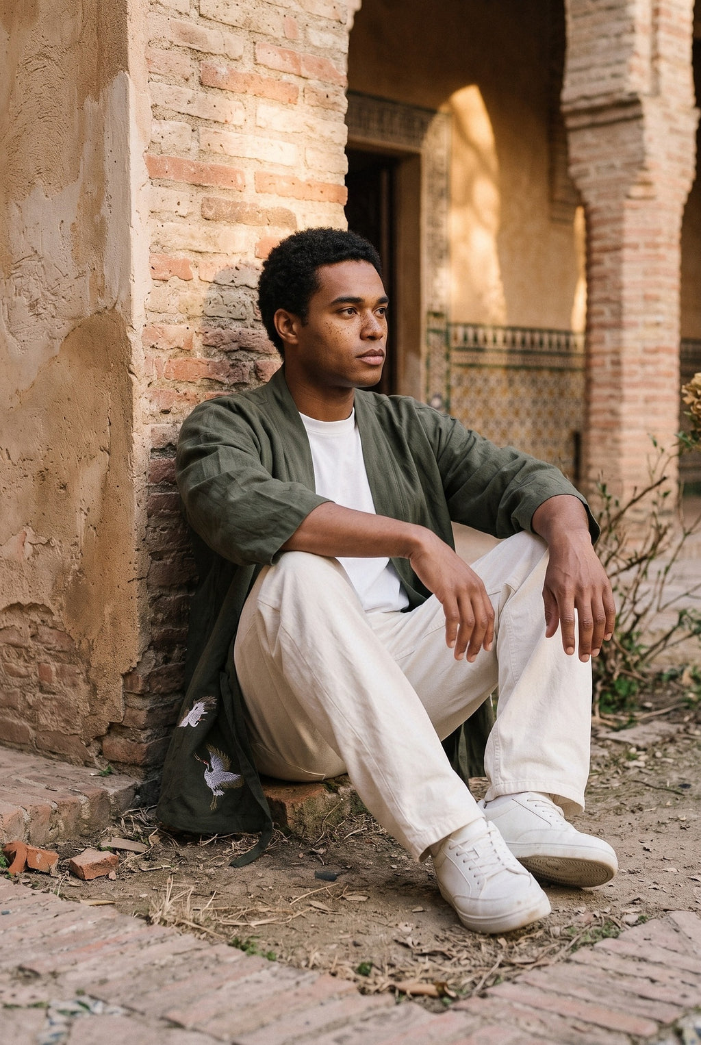 Haori Tsuru, grullas bordadas, verde oliva: modelo sentado contra la pared, en el patio mudéjar de un palacio de Toledo