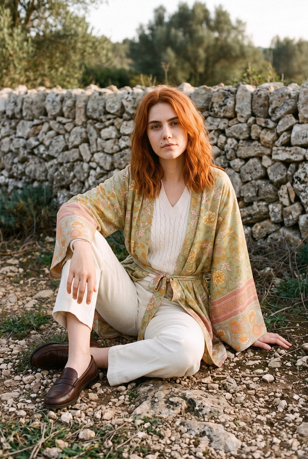Kimono corto Asahi, flores, verde salvia: modelo sentada en el suelo, junto a un muro de piedra seca en Mallorca