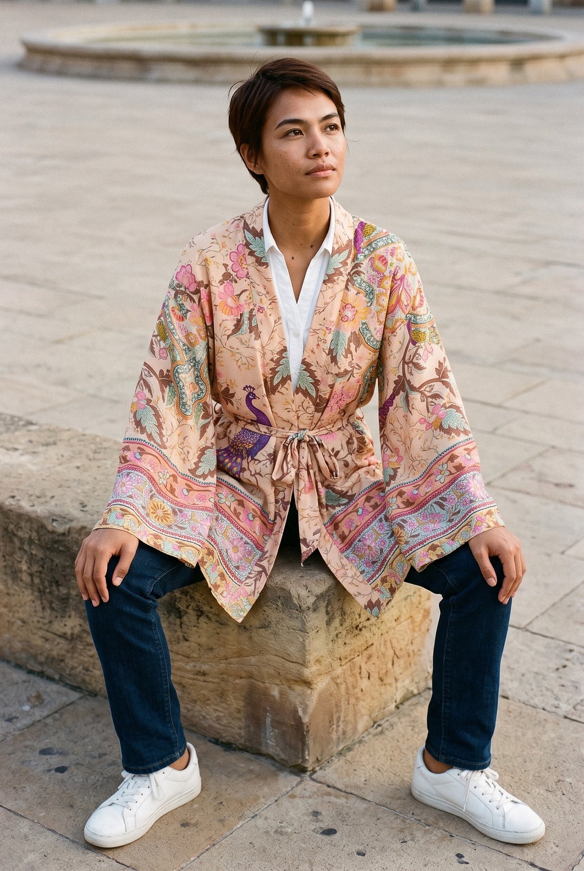 Kimono corto Hanazono, pavo real y flores, beige: modelo sentada en un bloque, en una plaza de arenisca con fuente