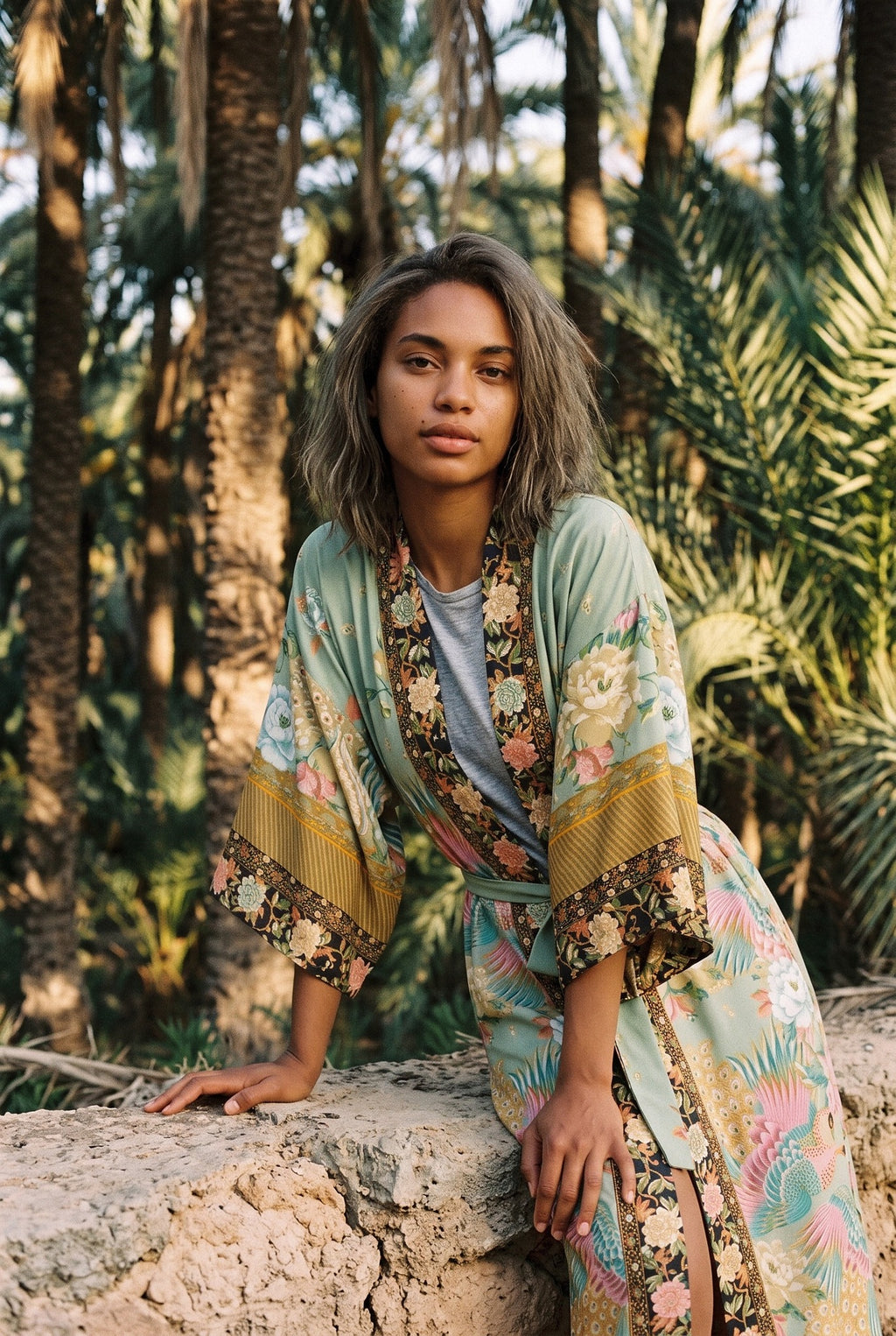Kimono largo Koke, pavo real y flores, verde salvia: modelo apoyada en un muro, en un palmeral de Elche