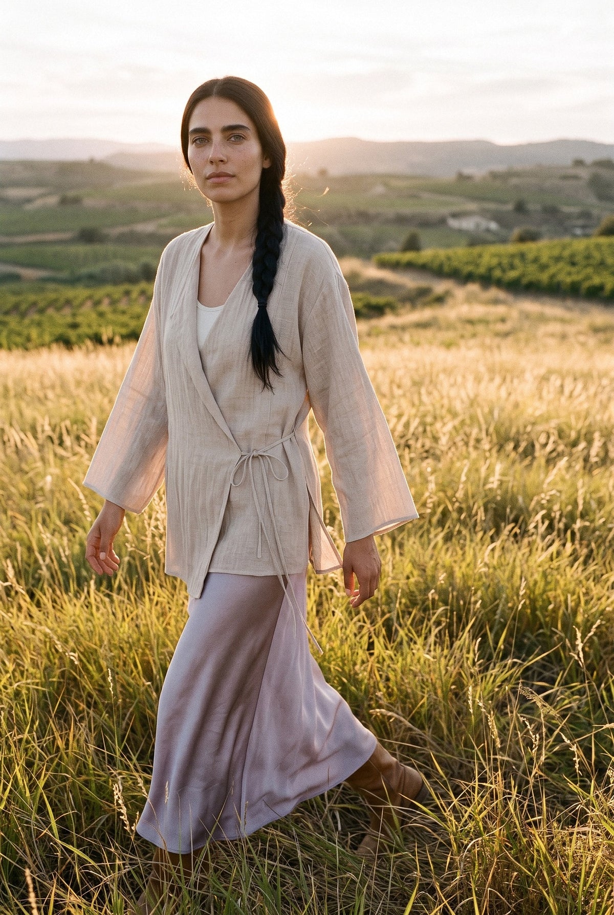 Kimono corto Nuno, cruzado con lazada: modelo caminando, vista de tres cuartos, en un campo de hierba dorada de La Rioja