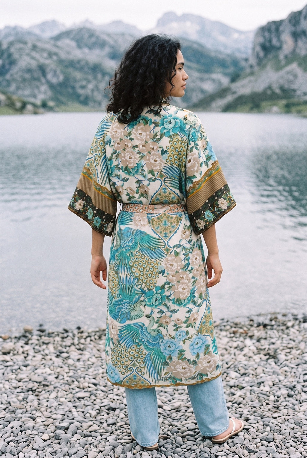 Kimono largo Umi, pavo real y flores, crudo y verde azulado: vista de espaldas, a orillas de un lago de los Picos de Europa