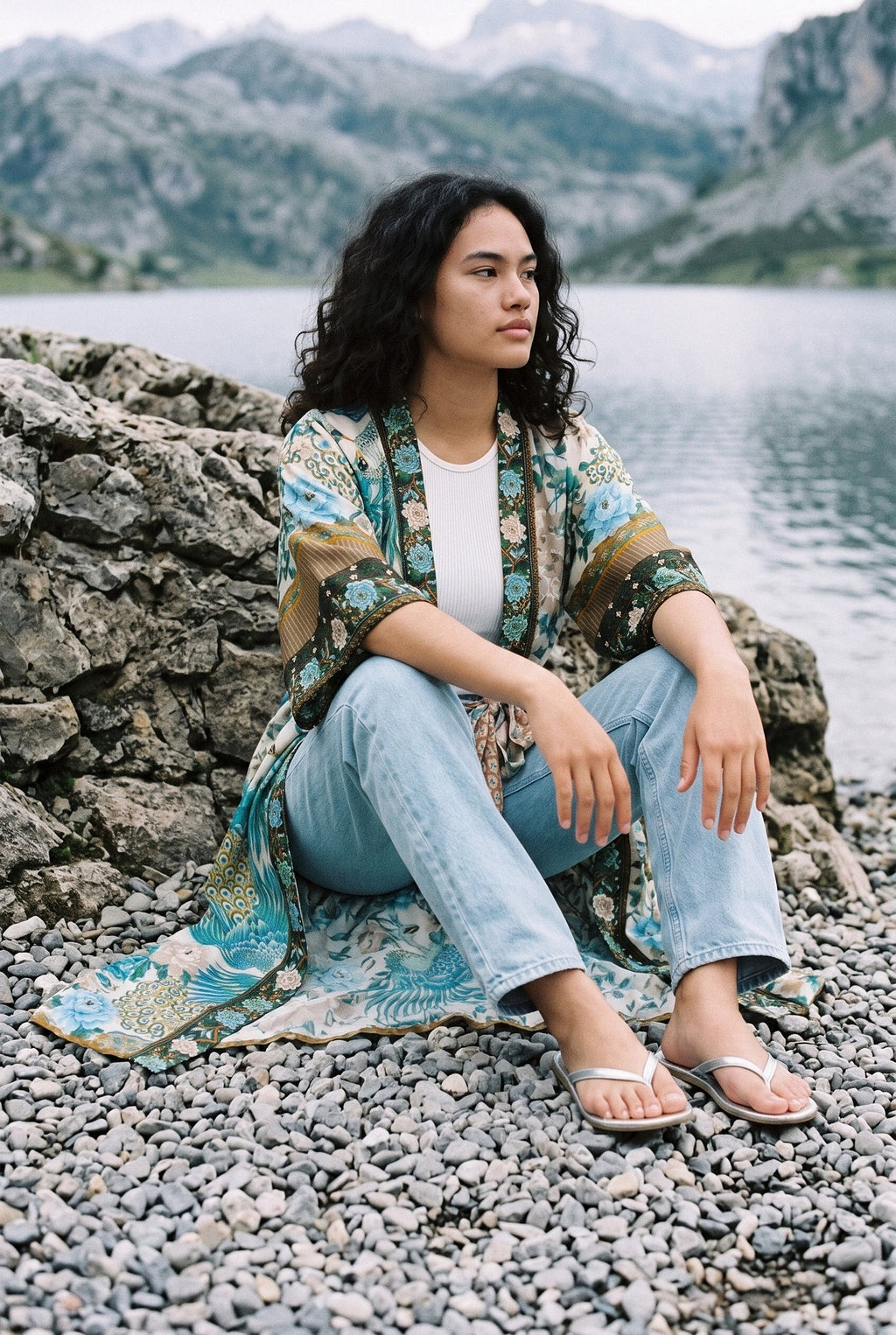 Kimono largo Umi, pavo real y flores, crudo y verde azulado: modelo sentada contra la pared, a orillas de un lago de los Picos de Europa