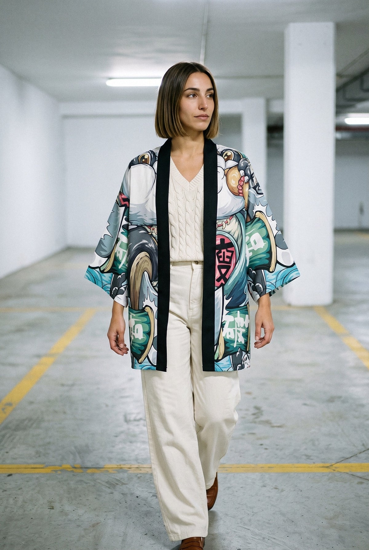 Kimono japonés Panda, artista entre olas, verde agua: modelo caminando hacia la cámara, en un aparcamiento subterráneo blanco