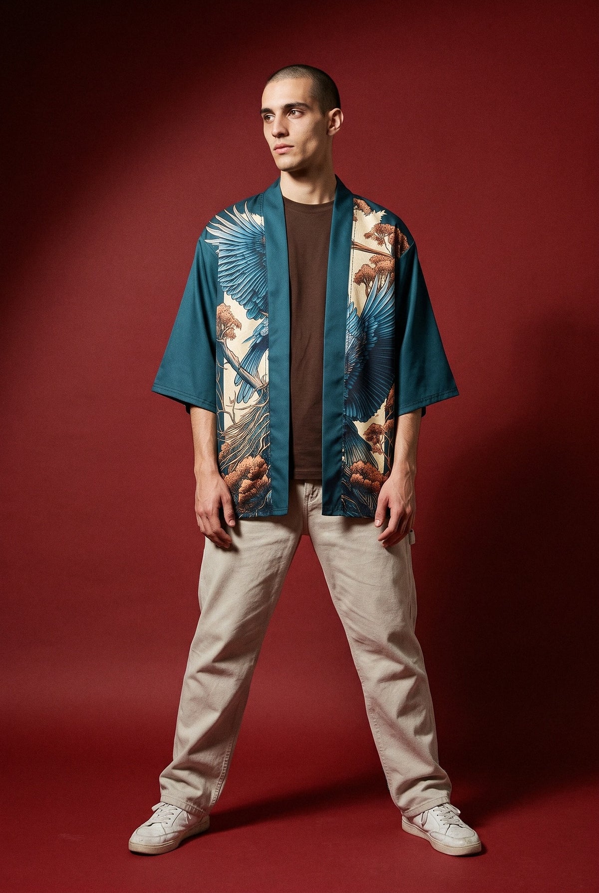 Kimono japonés Sora, grullas doradas, verde azulado: vista de frente, en estudio, fondo rojo burdeos