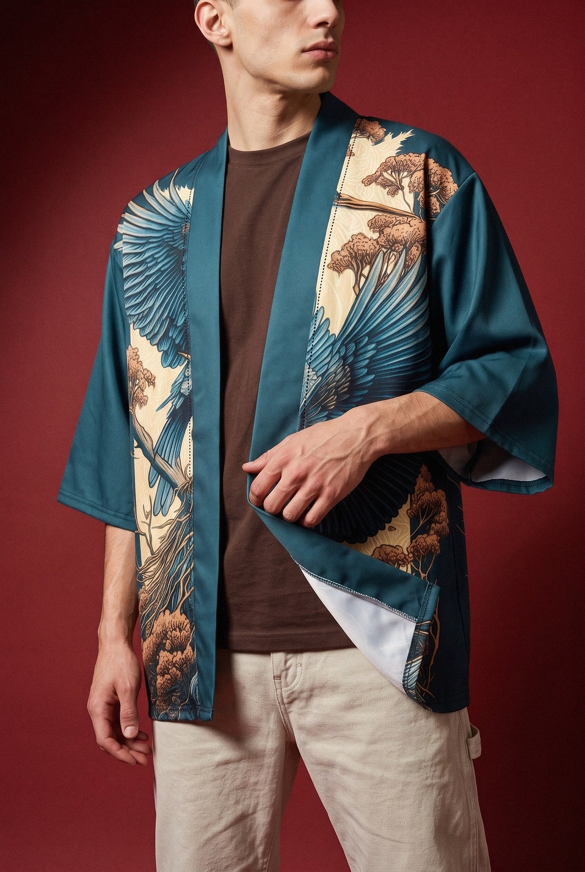 Kimono japonés Sora, grullas doradas, verde azulado: detalle del estampado y del tejido, en estudio, fondo rojo burdeos