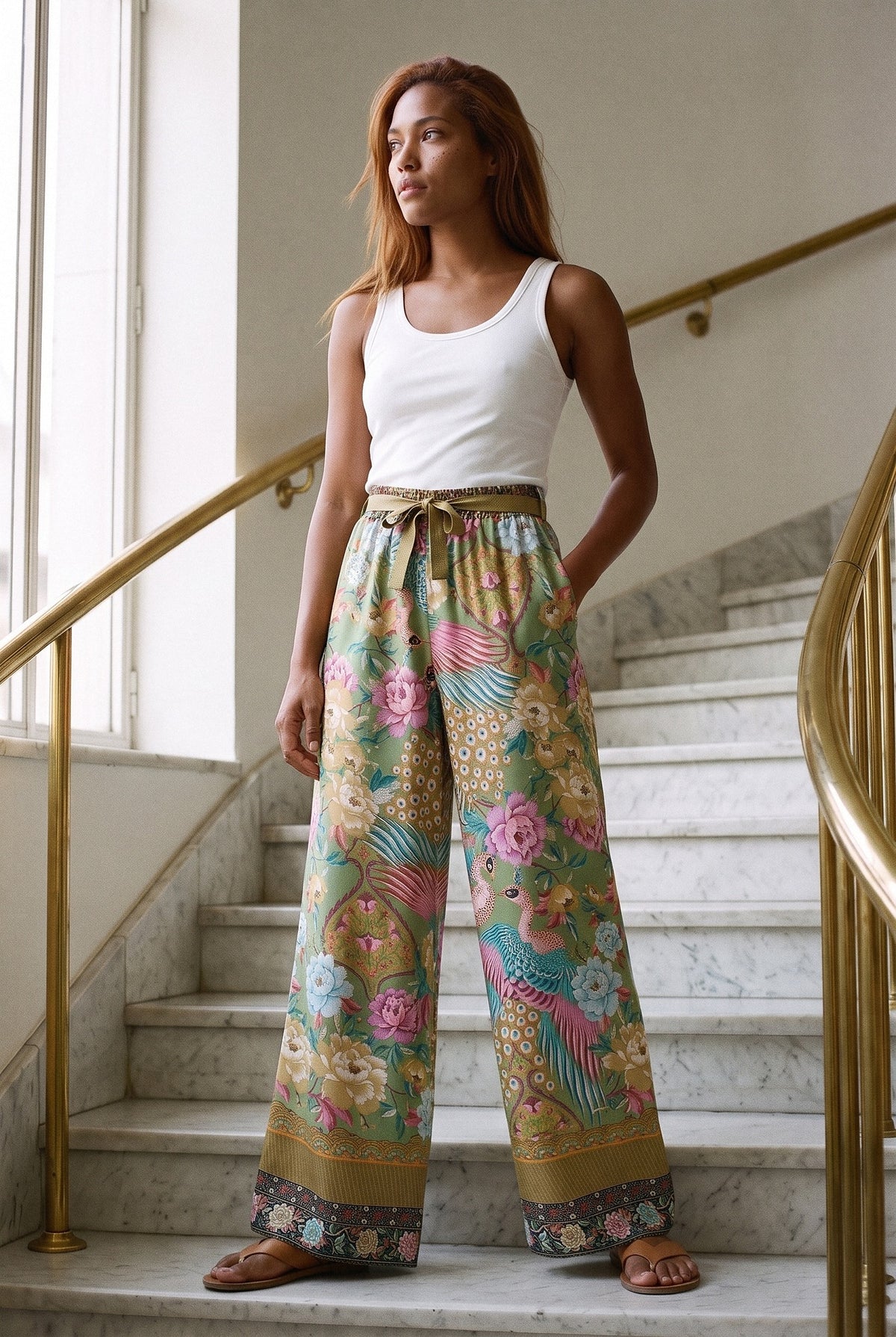 Pantalón kimono Kujaku, palazzo pavo real, verde: modelo con la mano en la cintura, en una escalera de mármol con pasamanos de latón