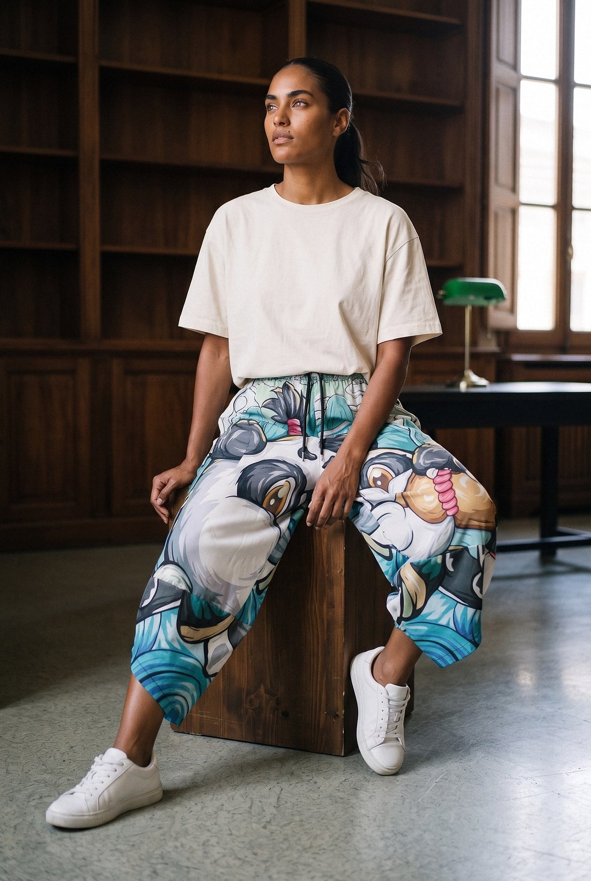 Pantalón kimono Panda, palazzo a juego, verde agua: modelo sentada con una pierna estirada, en una sala de lectura con paneles de madera oscura