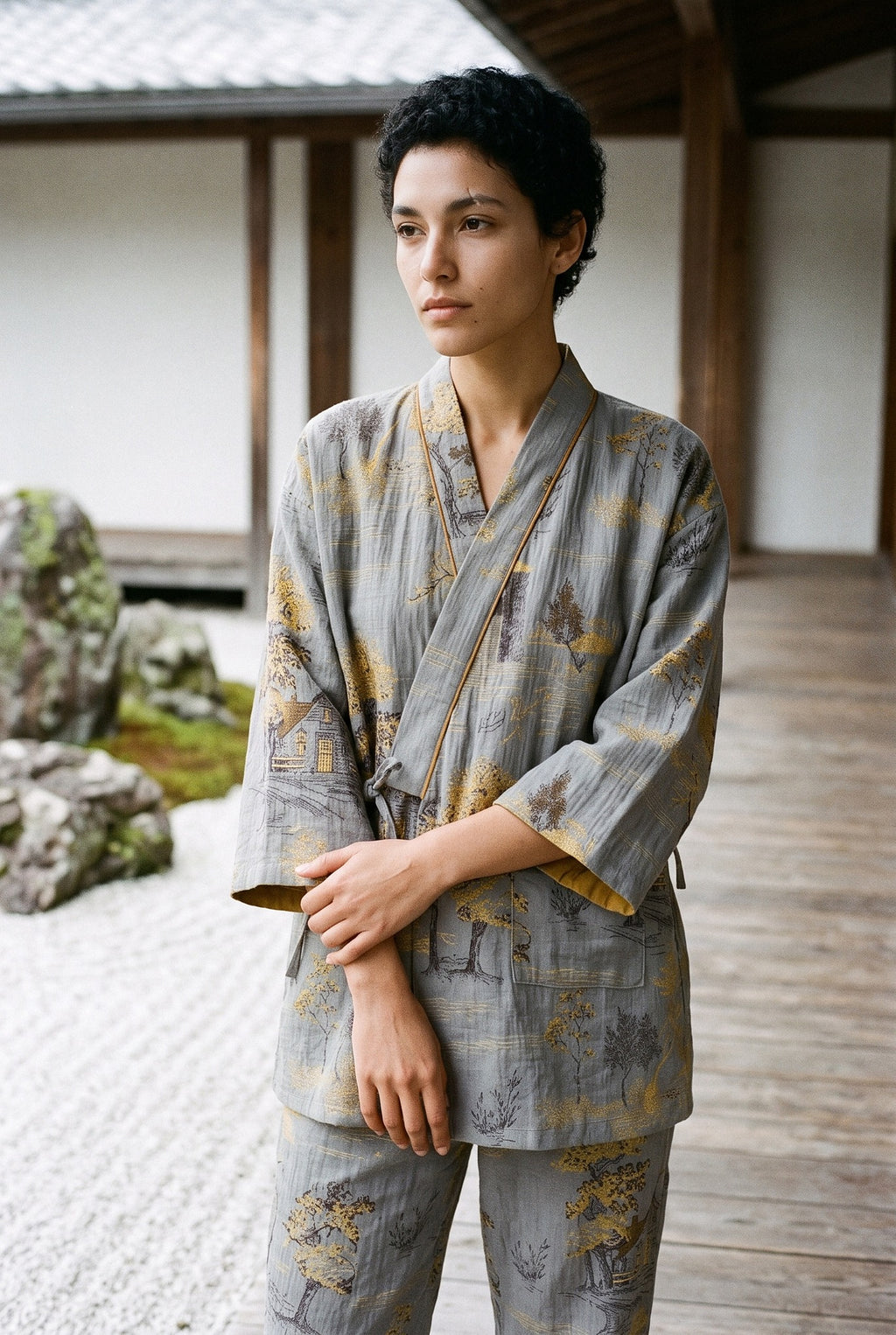 Pijama kimono Momiji, chaqueta y pantalón, gris: modelo con los brazos cruzados, en un jardín de grava blanca rastrillada