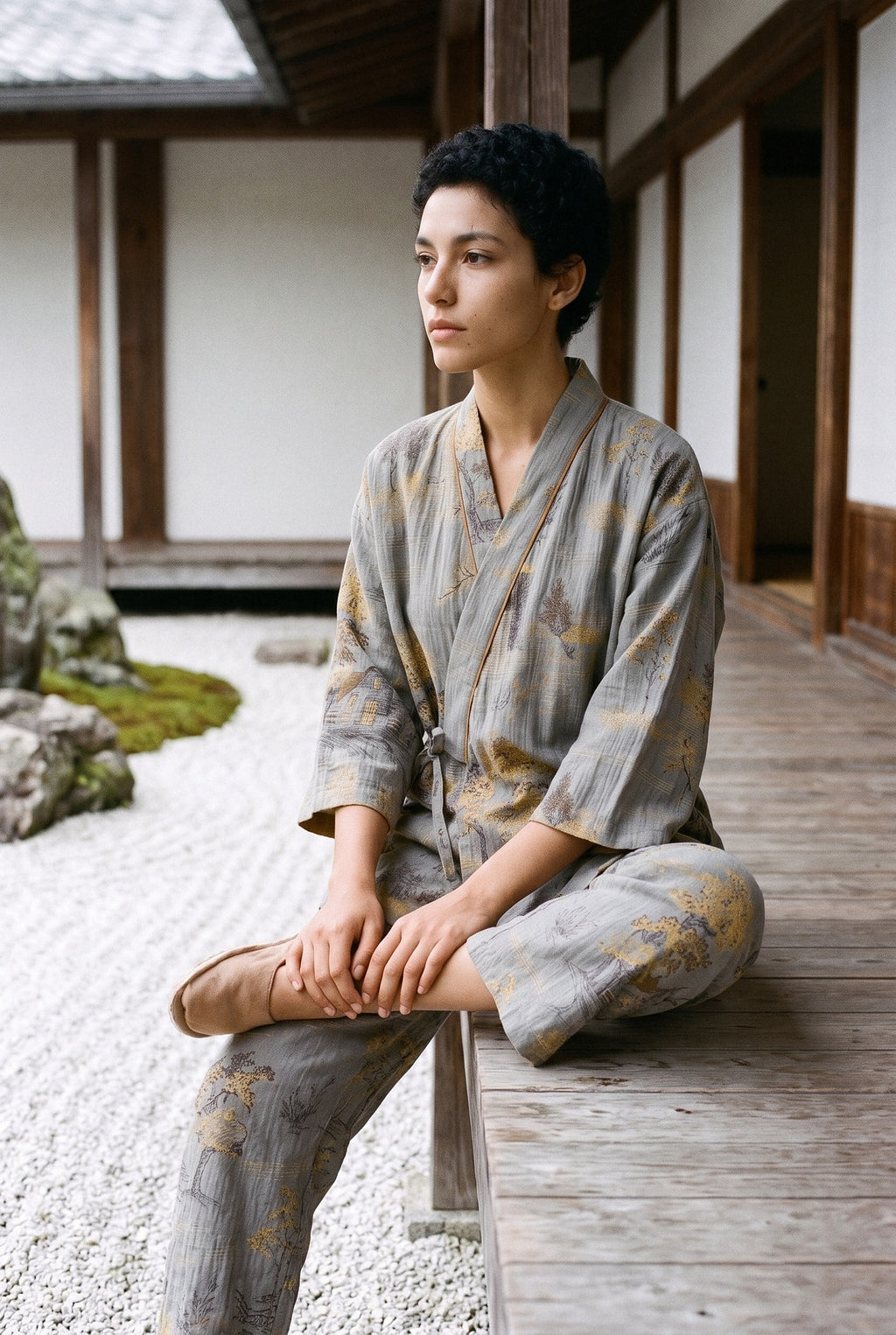 Pijama kimono Momiji, chaqueta y pantalón, gris: modelo sentada de lado con las piernas cruzadas, en un jardín de grava blanca rastrillada