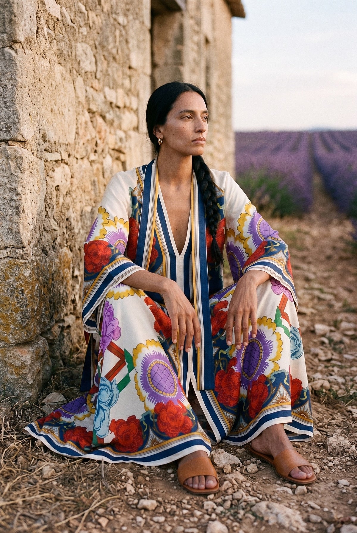 Vestido kimono Matsuri, estampado multicolor: modelo sentada contra la pared, en un campo de lavanda de Brihuega